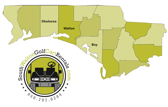 Service Area County Map Street-legal Golf Cart Rentals LSV Rentals in Santa Rosa Beach, FL by South Walton Carts